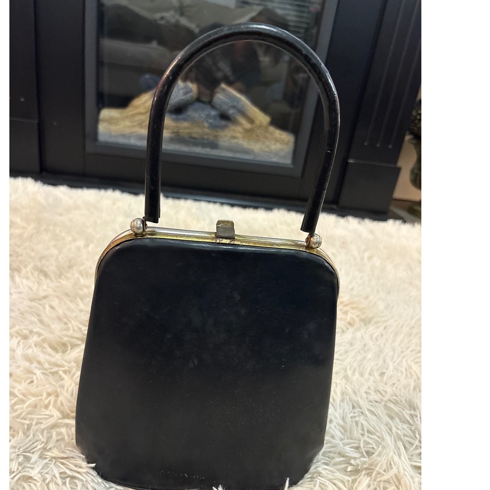 Vintage 40's ‎ Black Kiss Lock Clutch Handbag Evening Bag Top Handle